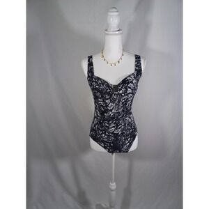 Calvin Klein Swimsuit Womens Medium Black Ikat One Piece Tank Ruched Front